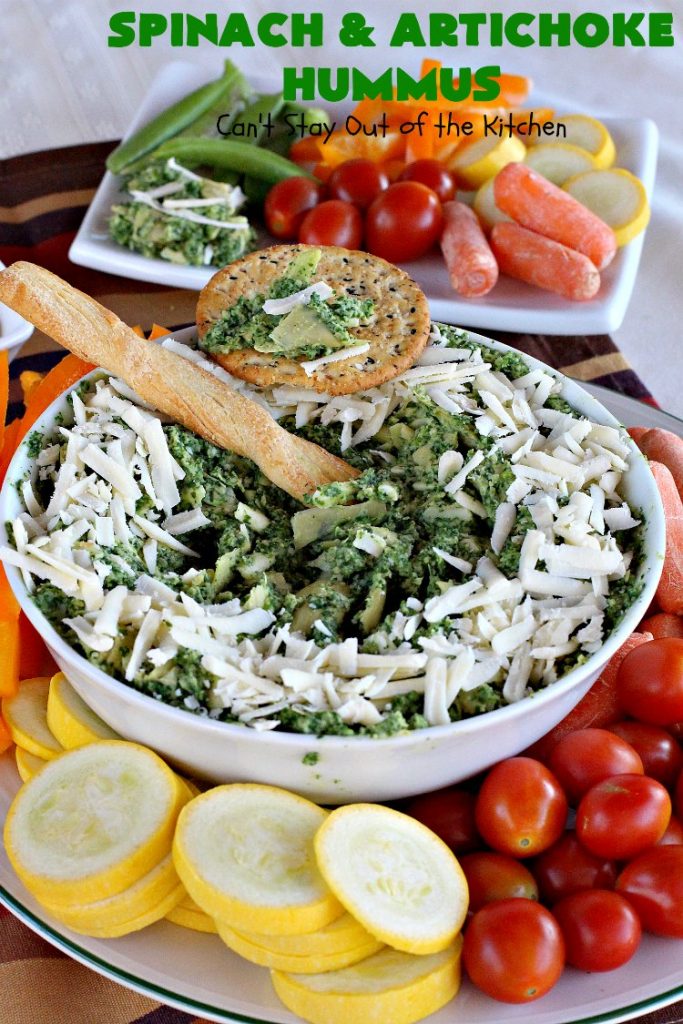 Spinach and Artichoke Hummus | Can't Stay Out of the Kitchen | this crowd-pleasing #appetizer is perfect for #tailgating parties or the #SuperBowl. The combination of #Spinach #Artichoke dip & #hummus is amazing. #SpinachArtichokeHummus #healthy #lowcalorie #Romano #glutenfree #GlutenFreeAppetizer