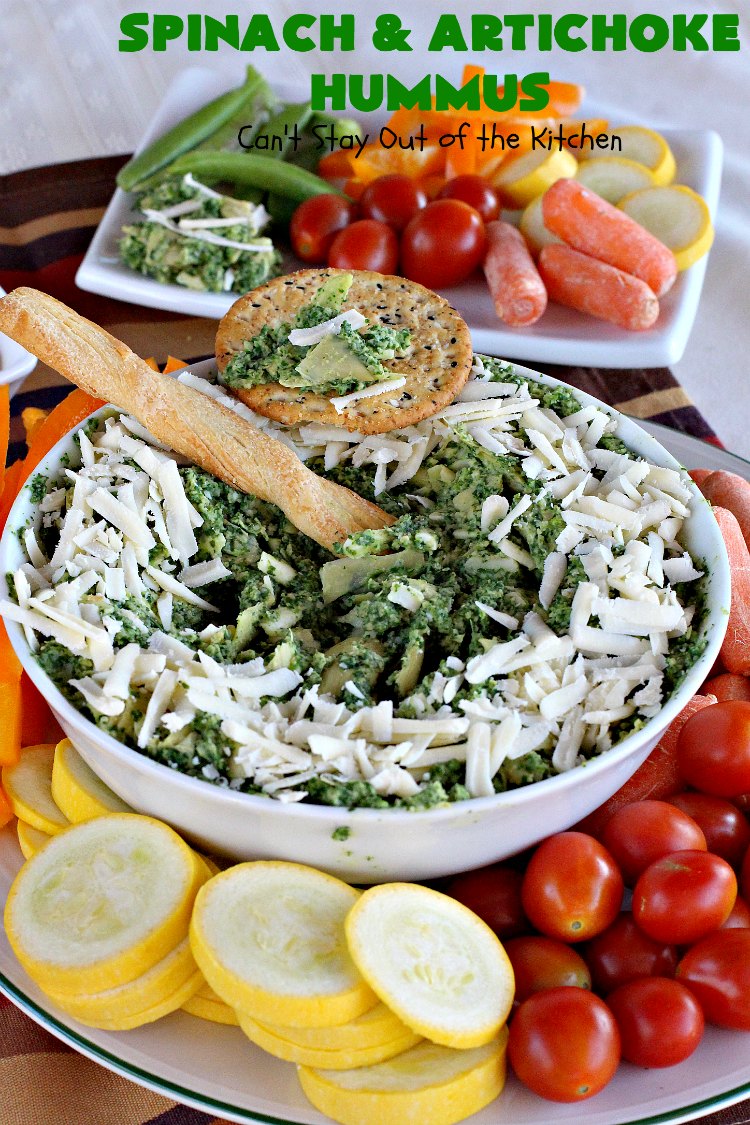 Spinach and Artichoke Hummus | Can't Stay Out of the Kitchen | this crowd-pleasing #appetizer is perfect for #tailgating parties or the #SuperBowl. The combination of #Spinach #Artichoke dip & #hummus is amazing. #SpinachArtichokeHummus #healthy #lowcalorie #Romano #glutenfree #GlutenFreeAppetizer