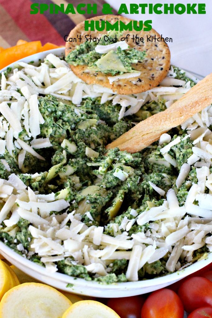 Spinach and Artichoke Hummus | Can't Stay Out of the Kitchen | this crowd-pleasing #appetizer is perfect for #tailgating parties or the #SuperBowl. The combination of #Spinach #Artichoke dip & #hummus is amazing. #SpinachArtichokeHummus #healthy #lowcalorie #Romano #glutenfree #GlutenFreeAppetizer