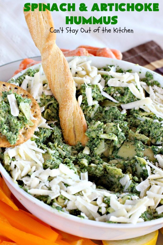 Spinach and Artichoke Hummus | Can't Stay Out of the Kitchen | this crowd-pleasing #appetizer is perfect for #tailgating parties or the #SuperBowl. The combination of #Spinach #Artichoke dip & #hummus is amazing. #SpinachArtichokeHummus #healthy #lowcalorie #Romano #glutenfree #GlutenFreeAppetizer