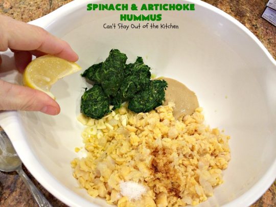 Spinach and Artichoke Hummus | Can't Stay Out of the Kitchen | this crowd-pleasing #appetizer is perfect for #tailgating parties or the #SuperBowl. The combination of #Spinach #Artichoke dip & #hummus is amazing. #SpinachArtichokeHummus #healthy #lowcalorie #Romano #glutenfree #GlutenFreeAppetizer