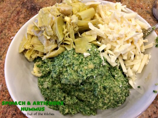 Spinach and Artichoke Hummus | Can't Stay Out of the Kitchen | this crowd-pleasing #appetizer is perfect for #tailgating parties or the #SuperBowl. The combination of #Spinach #Artichoke dip & #hummus is amazing. #SpinachArtichokeHummus #healthy #lowcalorie #Romano #glutenfree #GlutenFreeAppetizer