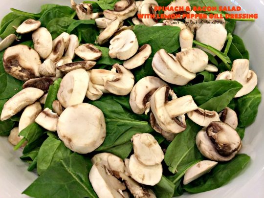Spinach and Bacon Salad with Lemon Pepper Dill Dressing | Can't Stay Out of the Kitchen | this fantastic high protein #salad is terrific for hot summer days when you don't want to heat up your kitchen. It's hearty, filling & totally satisfying as a main dish meal. #glutenfree #hardboiledeggs #cheese #mushrooms #tomatoes #bacon