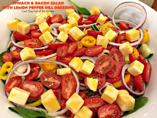 Spinach and Bacon Salad with Lemon Pepper Dill Dressing | Can't Stay Out of the Kitchen | this fantastic high protein #salad is terrific for hot summer days when you don't want to heat up your kitchen. It's hearty, filling & totally satisfying as a main dish meal. #glutenfree #hardboiledeggs #cheese #mushrooms #tomatoes #bacon