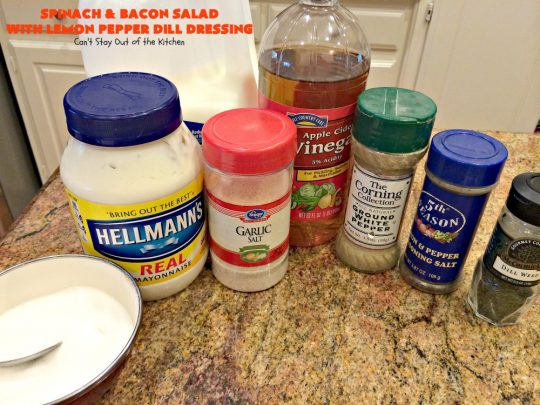 Spinach and Bacon Salad with Lemon Pepper Dill Dressing | Can't Stay Out of the Kitchen | this fantastic high protein #salad is terrific for hot summer days when you don't want to heat up your kitchen. It's hearty, filling & totally satisfying as a main dish meal. #glutenfree #hardboiledeggs #cheese #mushrooms #tomatoes #bacon