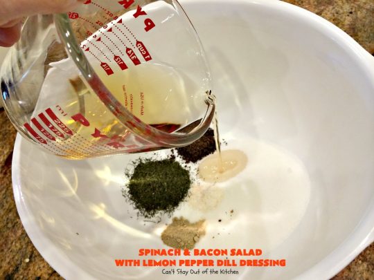 Spinach and Bacon Salad with Lemon Pepper Dill Dressing | Can't Stay Out of the Kitchen | this fantastic high protein #salad is terrific for hot summer days when you don't want to heat up your kitchen. It's hearty, filling & totally satisfying as a main dish meal. #glutenfree #hardboiledeggs #cheese #mushrooms #tomatoes #bacon