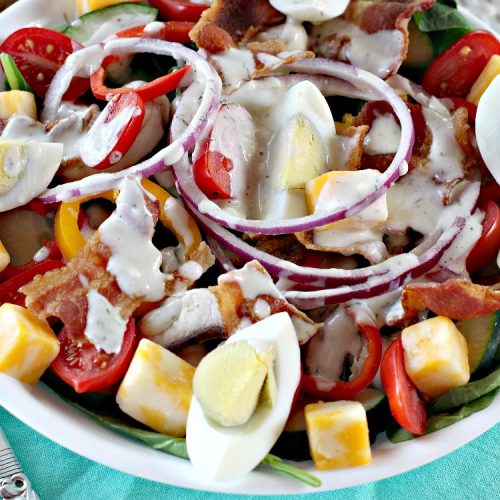 Spinach and Bacon Salad with Lemon Pepper Dill Dressing | Can't Stay Out of the Kitchen | this fantastic high protein #salad is terrific for hot summer days when you don't want to heat up your kitchen. It's hearty, filling & totally satisfying as a main dish meal. #glutenfree #hardboiledeggs #cheese #mushrooms #tomatoes #bacon