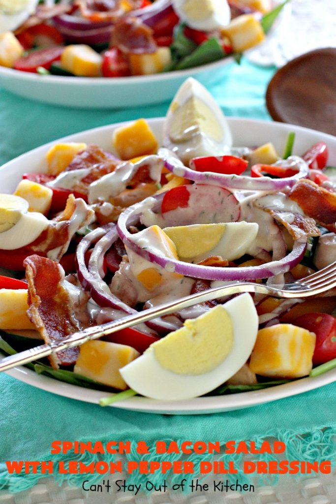 Spinach and Bacon Salad with Lemon Pepper Dill Dressing | Can't Stay Out of the Kitchen | this fantastic high protein #salad is terrific for hot summer days when you don't want to heat up your kitchen. It's hearty, filling & totally satisfying as a main dish meal. #glutenfree #hardboiledeggs #cheese #mushrooms #tomatoes #bacon