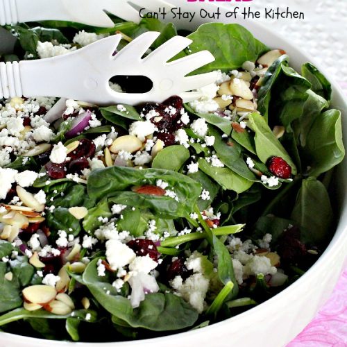 Spinach and Cranberry Salad | Can't Stay Out of the Kitchen | this lovely #salad has a delightful #Orange #Vinaigrette that makes it snap. It's terrific for company or #holidays like #MothersDay or #FathersDay. It's quick & easy & uses only 8 ingredients. #spinach #cranberries #Craisins #almonds #GlutenFree #HolidaySideDish #MothersDaySideDish #FathersDaySideDish #SpinachAndCranberrySalad