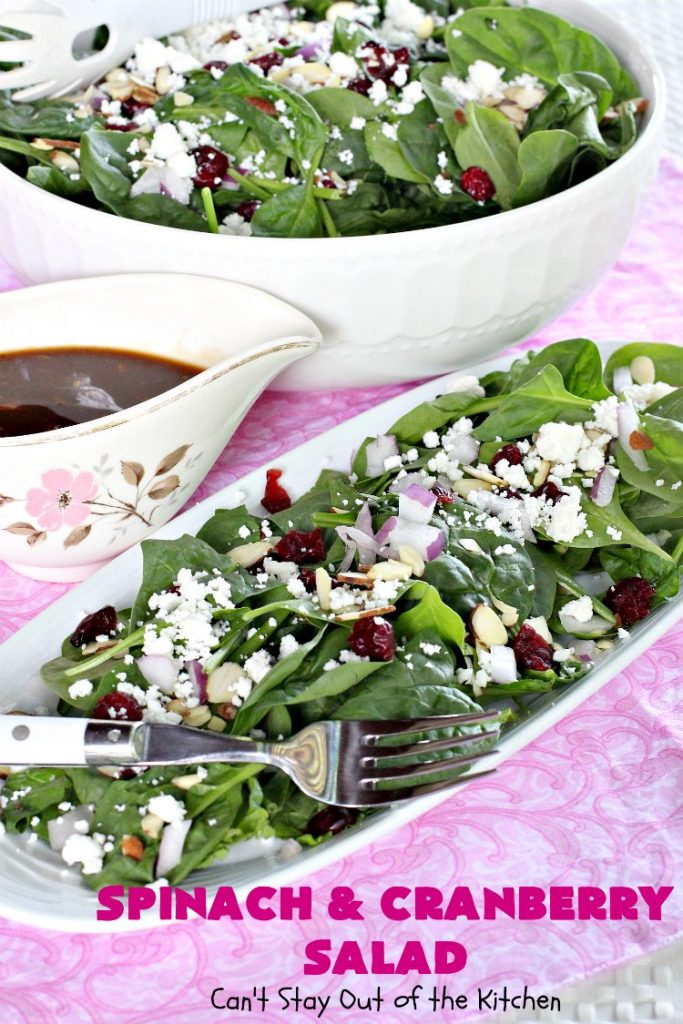 Spinach and Cranberry Salad | Can't Stay Out of the Kitchen | this lovely #salad has a delightful #Orange #Vinaigrette that makes it snap. It's terrific for company or #holidays like #MothersDay or #FathersDay. It's quick & easy & uses only 8 ingredients. #spinach #cranberries #Craisins #almonds #GlutenFree #HolidaySideDish #MothersDaySideDish #FathersDaySideDish #SpinachAndCranberrySalad