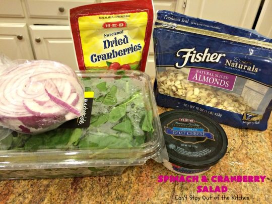 Spinach and Cranberry Salad | Can't Stay Out of the Kitchen | this lovely #salad has a delightful #Orange #Vinaigrette that makes it snap. It's terrific for company or #holidays like #MothersDay or #FathersDay. It's quick & easy & uses only 8 ingredients. #spinach #cranberries #Craisins #almonds #GlutenFree #HolidaySideDish #MothersDaySideDish #FathersDaySideDish #SpinachAndCranberrySalad
