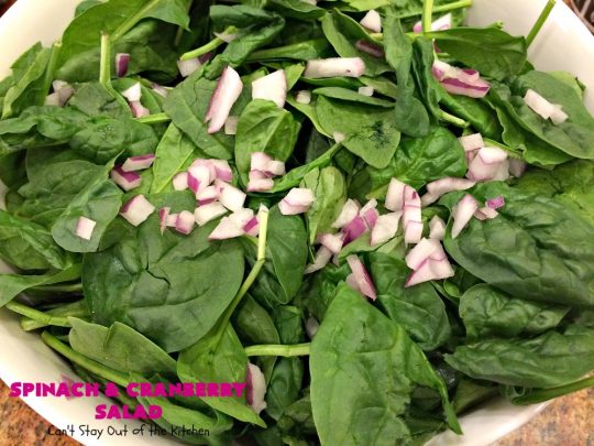 Spinach and Cranberry Salad | Can't Stay Out of the Kitchen | this lovely #salad has a delightful #Orange #Vinaigrette that makes it snap. It's terrific for company or #holidays like #MothersDay or #FathersDay. It's quick & easy & uses only 8 ingredients. #spinach #cranberries #Craisins #almonds #GlutenFree #HolidaySideDish #MothersDaySideDish #FathersDaySideDish #SpinachAndCranberrySalad