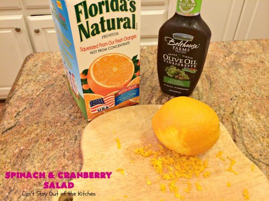 Spinach and Cranberry Salad | Can't Stay Out of the Kitchen | this lovely #salad has a delightful #Orange #Vinaigrette that makes it snap. It's terrific for company or #holidays like #MothersDay or #FathersDay. It's quick & easy & uses only 8 ingredients. #spinach #cranberries #Craisins #almonds #GlutenFree #HolidaySideDish #MothersDaySideDish #FathersDaySideDish #SpinachAndCranberrySalad