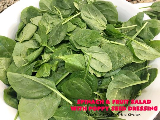 Spinach and Fruit Salad with Poppy Seed Dressing | this is one of our favorite #salad #recipes. It's filled with #strawberries, #Blueberries, #pineapple & #MandarinOranges. It also has #Cashews & #SwissCheese. No one can resist this amazing #TossedSalad! We serve it for company all the time. #holiday #HolidaySalad #TossedSaladWithFruit #SpinachSalad #SpinachAndFruitSaladWithPoppySeedDressing #PoppySeedDressing #GlutenFree #Healthy #HealthySaladRecipe