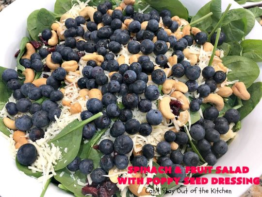 Spinach and Fruit Salad with Poppy Seed Dressing | this is one of our favorite #salad #recipes. It's filled with #strawberries, #Blueberries, #pineapple & #MandarinOranges. It also has #Cashews & #SwissCheese. No one can resist this amazing #TossedSalad! We serve it for company all the time. #holiday #HolidaySalad #TossedSaladWithFruit #SpinachSalad #SpinachAndFruitSaladWithPoppySeedDressing #PoppySeedDressing #GlutenFree #Healthy #HealthySaladRecipe
