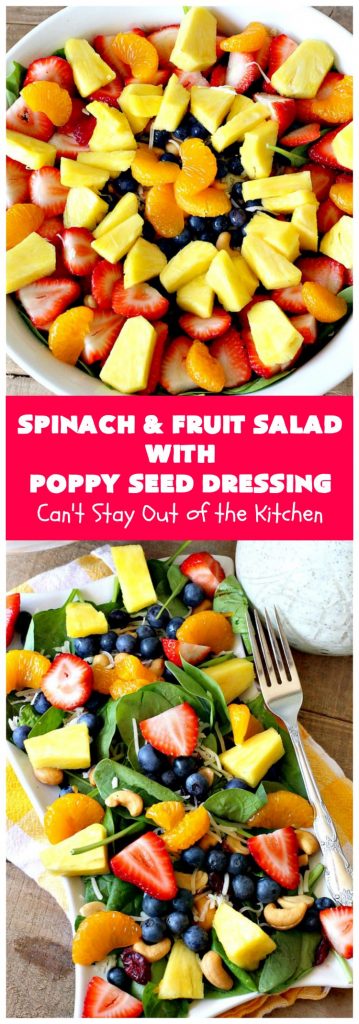 Spinach and Fruit Salad with Poppy Seed Dressing | this is one of our favorite #salad #recipes. It's filled with #strawberries, #Blueberries, #pineapple & #MandarinOranges. It also has #Cashews & #SwissCheese. No one can resist this amazing #TossedSalad! We serve it for company all the time. #holiday #HolidaySalad #TossedSaladWithFruit #SpinachSalad #SpinachAndFruitSaladWithPoppySeedDressing #PoppySeedDressing #GlutenFree #Healthy #HealthySaladRecipe