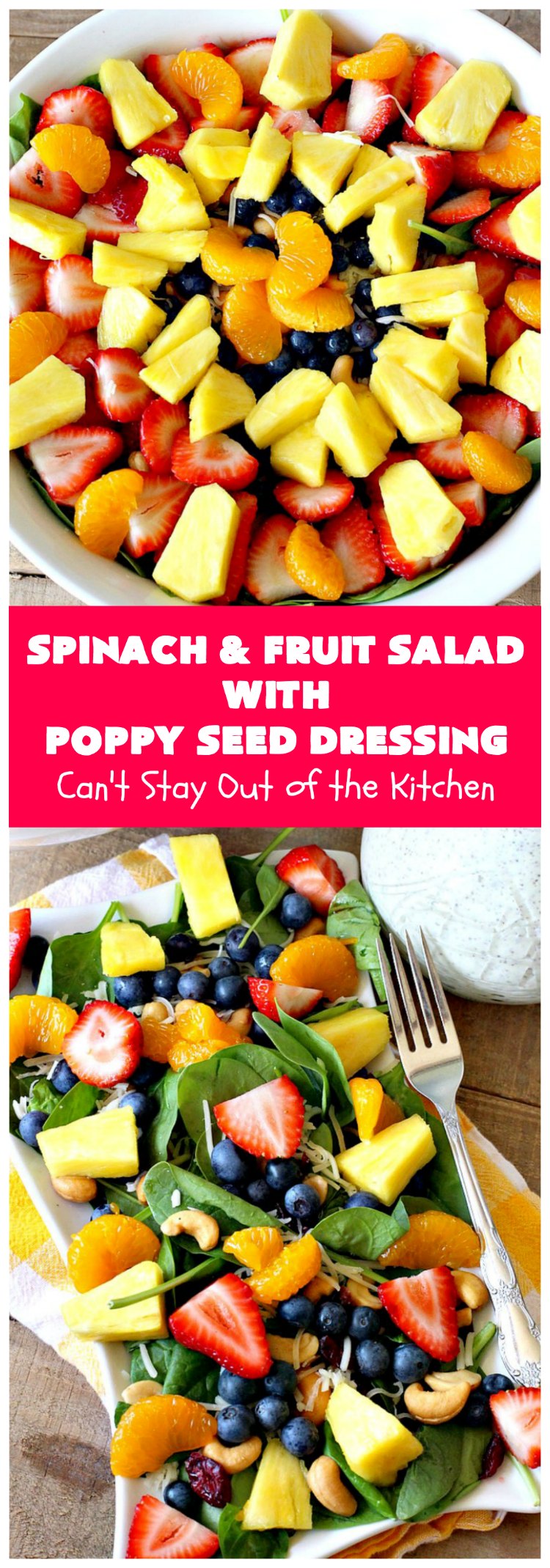 Spinach and Fruit Salad with Poppy Seed Dressing | this is one of our favorite #salad #recipes. It's filled with #strawberries, #Blueberries, #pineapple & #MandarinOranges. It also has #Cashews & #SwissCheese. No one can resist this amazing #TossedSalad! We serve it for company all the time. #holiday #HolidaySalad #TossedSaladWithFruit #SpinachSalad #SpinachAndFruitSaladWithPoppySeedDressing #PoppySeedDressing #GlutenFree #Healthy #HealthySaladRecipe