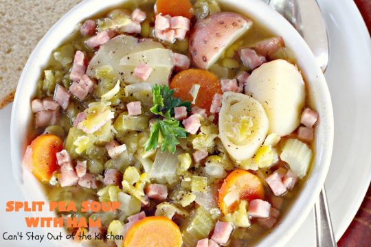 Split Pea Soup with Ham | Can't Stay Out of the Kitchen | I LOVE this #soup. It's always been one of our favorites. It's so flavorful & delicious. #ham #splitpeas #glutenfree