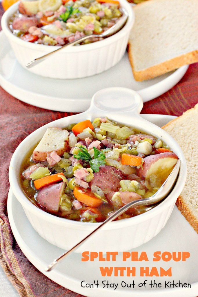 Split Pea Soup with Ham | Can't Stay Out of the Kitchen | I LOVE this #soup. It's always been one of our favorites. It's so flavorful & delicious. #ham #splitpeas #glutenfree