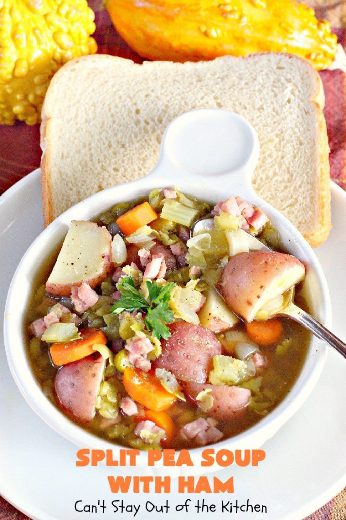 Split Pea Soup with Ham | Can't Stay Out of the Kitchen | I LOVE this #soup. It's always been one of our favorites. It's so flavorful & delicious. #ham #splitpeas #glutenfree