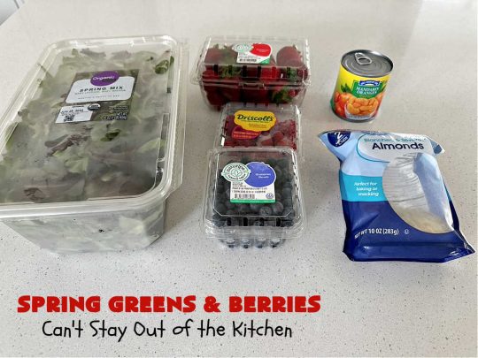 Spring Greens with Berries | Can't Stay Out of the Kitchen | this luscious #TossedSalad includes #strawberries, #blueberries, #raspberries, #MandarinOrangeSegments & toasted #almonds. It's the perfect #GreenSalad for any family or company #dinner. Everyone will want seconds! #Salad #healthy #TossedSaladWithFruit #GlutenFree #SpringGreensWithBerries #vegan #SpringGreensAndBerries #LowCalorie 