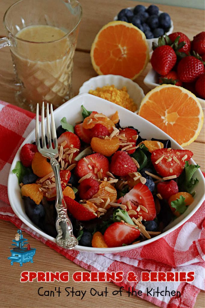 Spring Greens with Berries | Can't Stay Out of the Kitchen | this luscious #TossedSalad includes #strawberries, #blueberries, #raspberries, #MandarinOrangeSegments & toasted #almonds. It's the perfect #GreenSalad for any family or company #dinner. Everyone will want seconds! #Salad #healthy #TossedSaladWithFruit #GlutenFree #SpringGreensWithBerries #vegan #SpringGreensAndBerries #LowCalorie