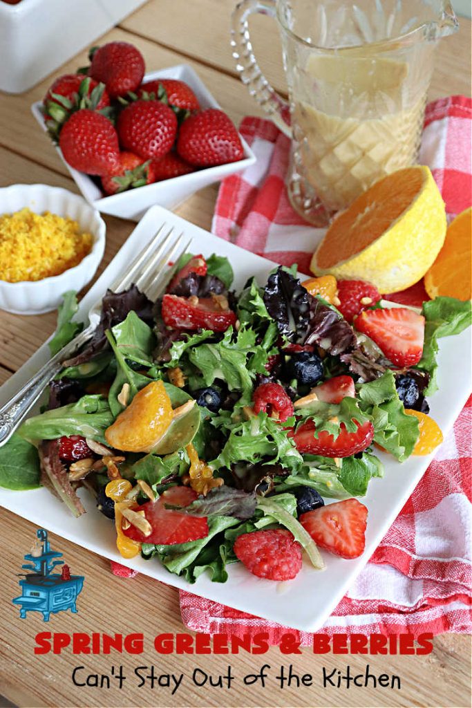 Spring Greens with Berries | Can't Stay Out of the Kitchen | this luscious #TossedSalad includes #strawberries, #blueberries, #raspberries, #MandarinOrangeSegments & toasted #almonds. It's the perfect #GreenSalad for any family or company #dinner. Everyone will want seconds! #Salad #healthy #TossedSaladWithFruit #GlutenFree #SpringGreensWithBerries #vegan #SpringGreensAndBerries #LowCalorie