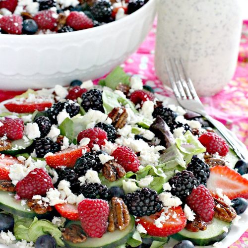 Spring Mix with Berries, Glazed Pecans and Feta Cheese | Can't Stay Out of the Kitchen | this is our favorite #salad. It's filled with #raspberries #strawberries #blueberries & #blackberries. It also uses glazed #pecans & #fetacheese. Festive & beautiful salad for #holidays & company dinners like #Easter, #MothersDay or #FathersDay. #glutenfree