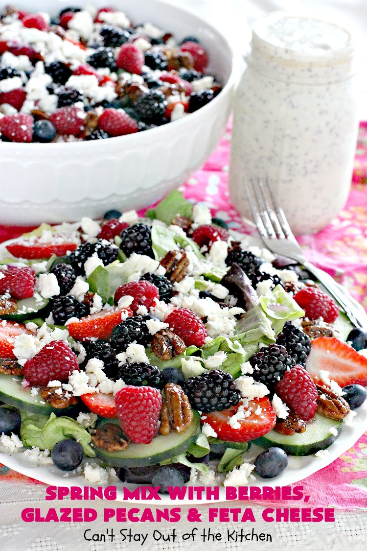 Spring Mix with Berries, Glazed Pecans and Feta Cheese | Can't Stay Out of the Kitchen | this is our favorite #salad. It's filled with #raspberries #strawberries #blueberries & #blackberries. It also uses glazed #pecans & #fetacheese. Festive & beautiful salad for #holidays & company dinners like #Easter, #MothersDay or #FathersDay. #glutenfree