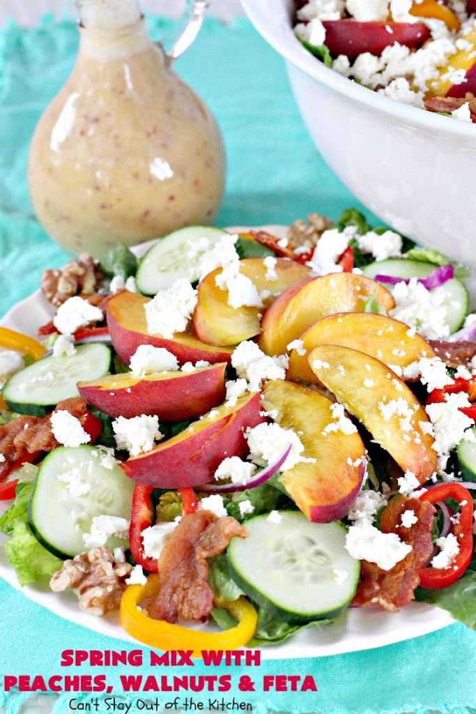 Spring Mix with Peaches, Walnuts and Feta | Can't Stay Out of the Kitchen | this fantastic #salad has fresh #peaches, #bacon #walnuts & #fetacheese. Perfect salad for summer. Includes a homemade peach salad dressing. #glutenfree