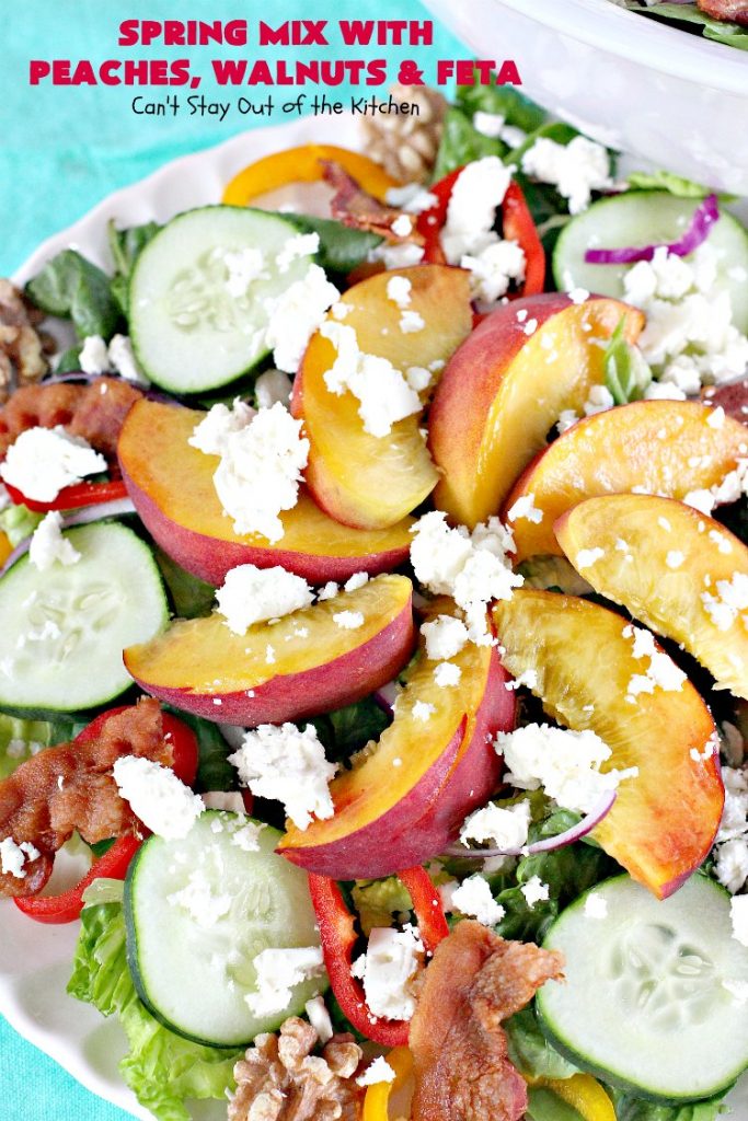 Spring Mix with Peaches, Walnuts and Feta | Can't Stay Out of the Kitchen | this fantastic #salad has fresh #peaches, #bacon #walnuts & #fetacheese. Perfect salad for summer. Includes a homemade peach salad dressing. #glutenfree