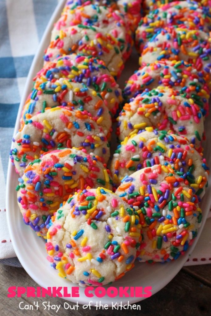 Sprinkle Cookies | Can't Stay Out of the Kitchen | these lovely #cookies start with a favorite #SugarCookie #recipe & are filled & rolled in #sprinkles. They are absolutely heavenly! #dessert #funfetti #SprinkleDessert #FunfettiDessert #Tailgating #Holiday #HolidayDessert