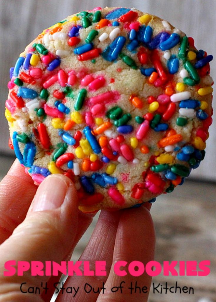 Sprinkle Cookies | Can't Stay Out of the Kitchen | these lovely #cookies start with a favorite #SugarCookie #recipe & are filled & rolled in #sprinkles. They are absolutely heavenly! #dessert #funfetti #SprinkleDessert #FunfettiDessert #Tailgating #Holiday #HolidayDessert