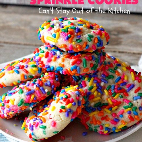 Sprinkle Cookies | Can't Stay Out of the Kitchen | these lovely #cookies start with a favorite #SugarCookie #recipe & are filled & rolled in #sprinkles. They are absolutely heavenly! #dessert #funfetti #SprinkleDessert #FunfettiDessert #Tailgating #Holiday #HolidayDessert