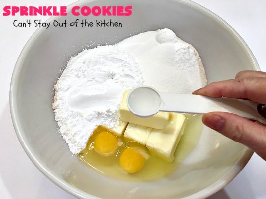 Sprinkle Cookies | Can't Stay Out of the Kitchen | these lovely #cookies start with a favorite #SugarCookie #recipe & are filled & rolled in #sprinkles. They are absolutely heavenly! #dessert #funfetti #SprinkleDessert #FunfettiDessert #Tailgating #Holiday #HolidayDessert