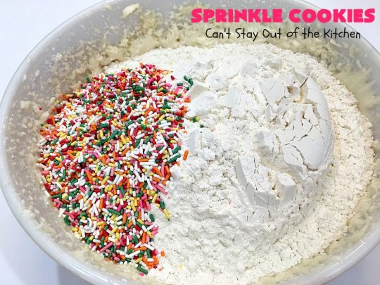 Sprinkle Cookies | Can't Stay Out of the Kitchen | these lovely #cookies start with a favorite #SugarCookie #recipe & are filled & rolled in #sprinkles. They are absolutely heavenly! #dessert #funfetti #SprinkleDessert #FunfettiDessert #Tailgating #Holiday #HolidayDessert