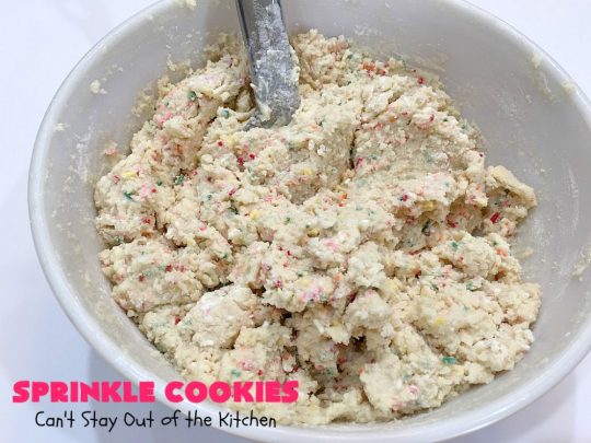 Sprinkle Cookies | Can't Stay Out of the Kitchen | these lovely #cookies start with a favorite #SugarCookie #recipe & are filled & rolled in #sprinkles. They are absolutely heavenly! #dessert #funfetti #SprinkleDessert #FunfettiDessert #Tailgating #Holiday #HolidayDessert