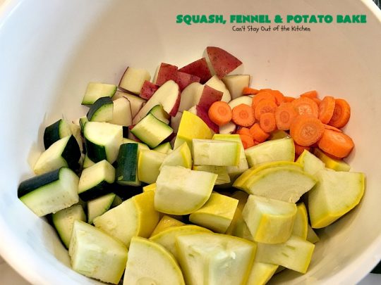 Squash, Fennel and Potato Bake | Can't Stay Out of the Kitchen | this amazing #casserole will blow your socks off! Great for company or as a #holiday #sidedish. #potatoes #zucchini #glutenfree