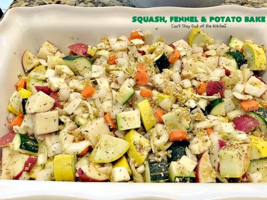 Squash, Fennel and Potato Bake | Can't Stay Out of the Kitchen | this amazing #casserole will blow your socks off! Great for company or as a #holiday #sidedish. #potatoes #zucchini #glutenfree