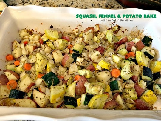Squash, Fennel and Potato Bake | Can't Stay Out of the Kitchen | this amazing #casserole will blow your socks off! Great for company or as a #holiday #sidedish. #potatoes #zucchini #glutenfree
