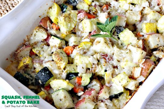 Squash, Fennel and Potato Bake | Can't Stay Out of the Kitchen | this amazing #casserole will blow your socks off! Great for company or as a #holiday #sidedish. #potatoes #zucchini #glutenfree