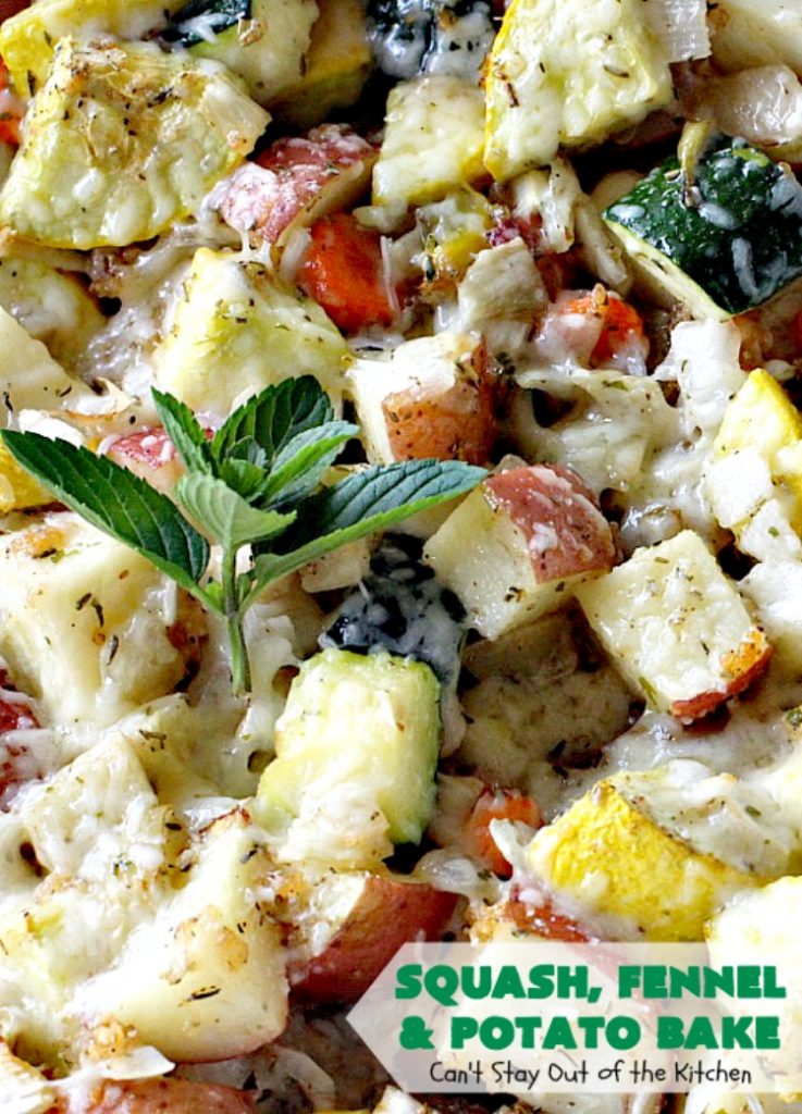 Squash, Fennel and Potato Bake | Can't Stay Out of the Kitchen | this amazing #casserole will blow your socks off! Great for company or as a #holiday #sidedish. #potatoes #zucchini #glutenfree