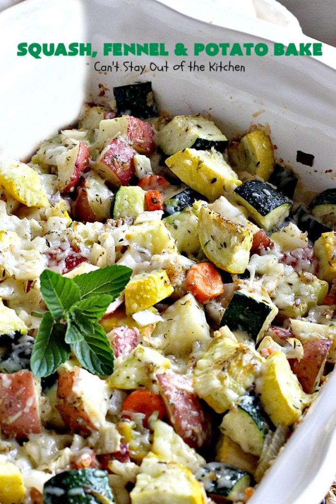 Squash, Fennel and Potato Bake | Can't Stay Out of the Kitchen | this amazing #casserole will blow your socks off! Great for company or as a #holiday #sidedish. #potatoes #zucchini #glutenfree