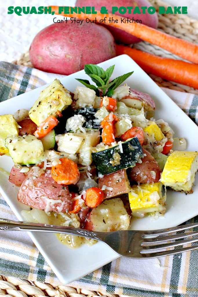 Squash, Fennel and Potato Bake | Can't Stay Out of the Kitchen | this amazing #casserole will blow your socks off! Great for company or as a #holiday #sidedish. #potatoes #zucchini #glutenfree