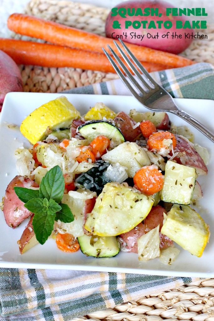 Squash, Fennel and Potato Bake | Can't Stay Out of the Kitchen | this amazing #casserole will blow your socks off! Great for company or as a #holiday #sidedish. #potatoes #zucchini #glutenfree