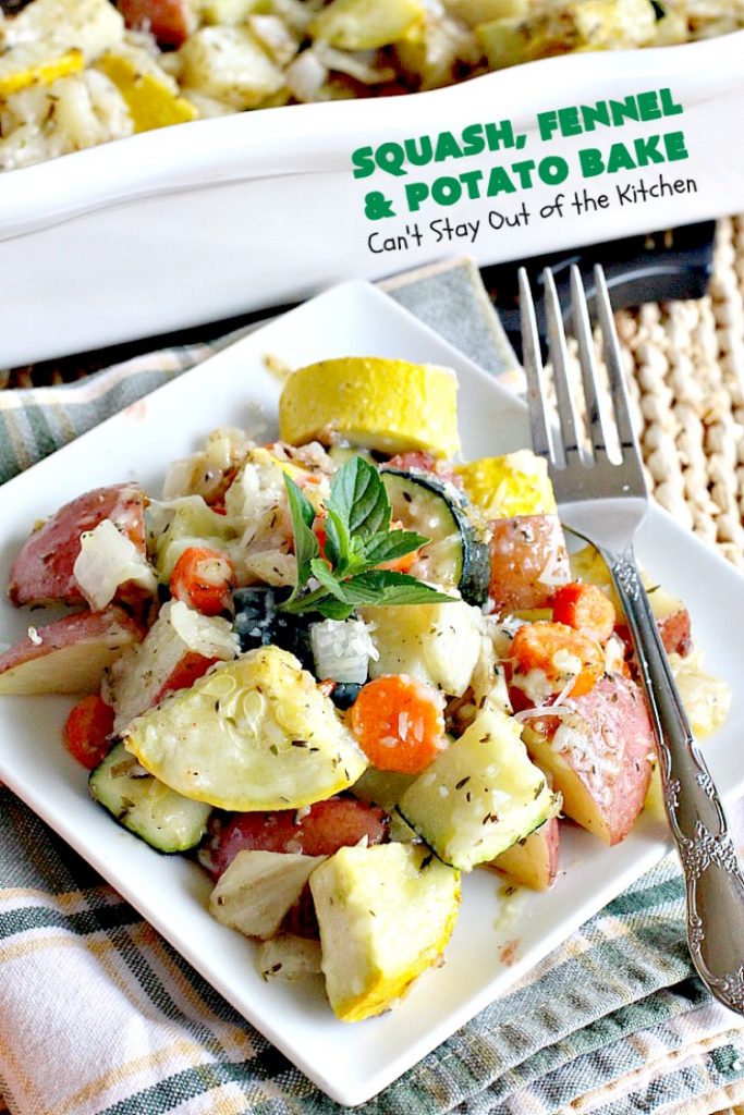 Squash, Fennel and Potato Bake | Can't Stay Out of the Kitchen | this amazing #casserole will blow your socks off! Great for company or as a #holiday #sidedish. #potatoes #zucchini #glutenfree