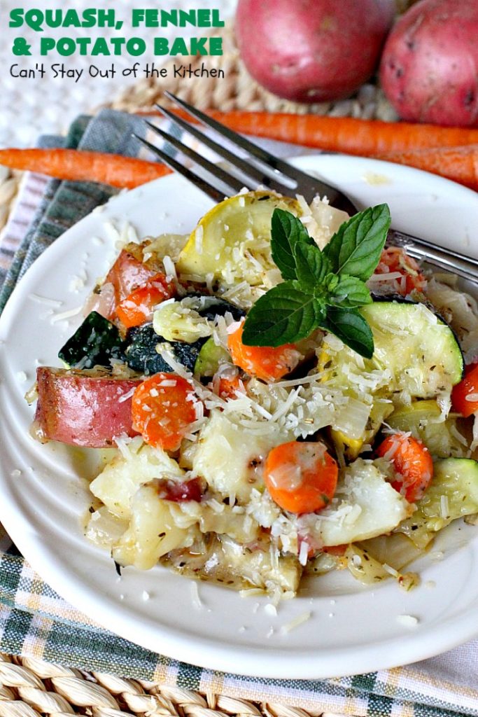 Squash, Fennel and Potato Bake | Can't Stay Out of the Kitchen | this amazing #casserole will blow your socks off! Great for company or as a #holiday #sidedish. #potatoes #zucchini #glutenfree