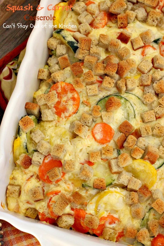 Squash and Carrot Casserole | Can't Stay Out of the Kitchen | this fantastic #squash #casserole is great for the #holidays & always a family favorite. So easy to assemble, too. #carrots #PepperidgeFarmstuffing