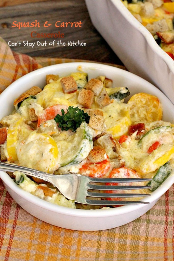 Squash and Carrot Casserole | Can't Stay Out of the Kitchen | this fantastic #squash #casserole is great for the #holidays & always a family favorite. So easy to assemble, too. #carrots #PepperidgeFarmstuffing