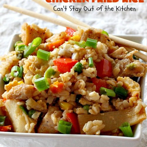 Sriracha Chicken Fried Rice | Can't Stay Out of the Kitchen | fantastic #chicken #friedrice entree. This one is spiced up with #Sriracha sauce! This 30-minute meal is a winner! #glutenfree #rice